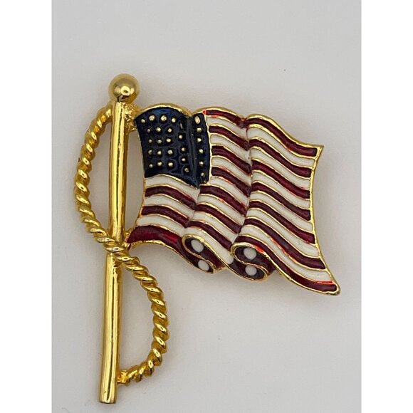 American Flag Brooch Gold Tone Red White Blue Patriotic - Picture 1 of 8